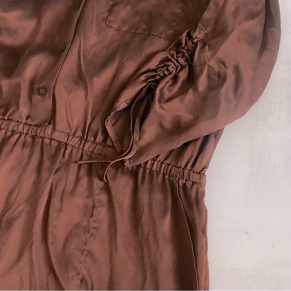 [Ann Taylor] Copper Silk Button Front Gathered Waist Drawstring Sleeve Dress - Picture 4 of 6